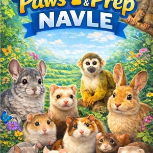 May include: A vibrant illustration featuring a variety of adorable animals, including a chinchilla, monkey, rabbit, and others, set against a lush, green landscape. The image includes the text "2026 Paws & Prep NAVLE" in a playful, colorful font.