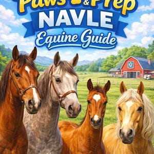 May include: An illustration of four horses of varying colors standing in a grassy field under a blue sky. The image has text that reads "2026 Paws & Prep NAVLE Equine Guide". A red barn is visible in the background.