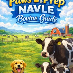 May include: An illustrated scene with a golden retriever, two black and white cows, and a calf in a green field. The image has text that reads "2026 Paws & Prep NAVLE Bovine Guide" against a blue sky with clouds.