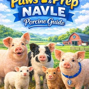 May include: A vibrant illustration features five pigs of varying sizes and colors, set against a rural backdrop with a barn. The image is titled "2026 Paws & Prep NAVLE Porcine Guide" in a playful font, suggesting a guide for veterinary students.