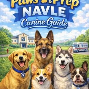 May include: A vibrant illustration features five different dog breeds, including a golden retriever, German shepherd, corgi, husky, and French bulldog. The image is titled "2026 Paws & Prep NAVLE Canine Guide" with a blue sky background and a building in the distance.