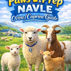 May include: A book cover with the title "2026 Paws & Prep NAVLE Ovine/Caprine Guide." The image features a group of sheep and goats in a grassy field, with a blue sky and a building in the background.