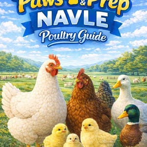 May include: A vibrant illustration of poultry, including chickens, ducks, and chicks, set against a backdrop of a green field and blue sky. The image features the text "2026 Paws & Prep NAVLE Poultry Guide" in a colorful banner.