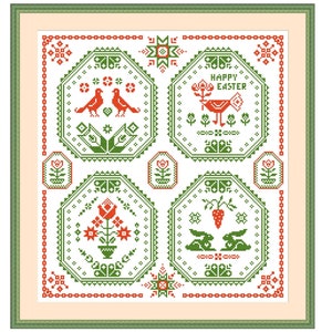 Quaker sampler Easter egg cross stitch pattern Easy simple counted spring xstitch chart for cards and ornaments Bunnies birds flowers