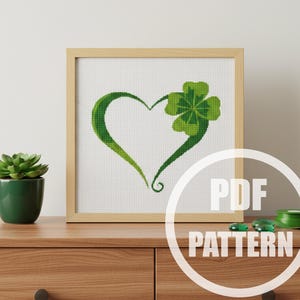 St Patricks cross stitch pattern modern Heart cross stitch Valentines day Irish clover cross stitch Easy shamrock cross stitch PDF