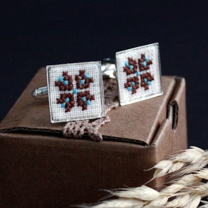 Ukrainian embroidered cufflinks square Patriotic gift men Unisex cufflinks brown and blue Groomsmen gift Slavic Ukrainian gift for dad