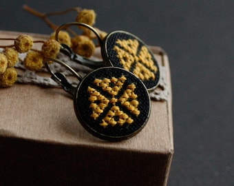 Yellow honeycomb earrings Black tiny Ukrainian earrings leverback Folk Ukraine jewelry Hand embroidered earrings vyshyvanka