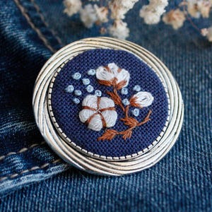 Handmade cotton flower brooch 2nd anniversary gift for wife Navy blue white cotton boll brooch Linen Ukraine jewelry Round floral pin