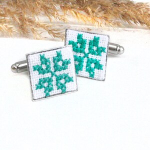 Custom slavic Ukrainian cufflinks for groomsman father of the bride Ukrainian gift Green white square folk wedding cufflinks accessories