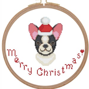 Patrón de punto de cruz de Boston terrier navideño moderno Tarjeta de Navidad de punto de cruz de perro pequeño con gorro de Papá Noel Adorno de punto de cruz contado