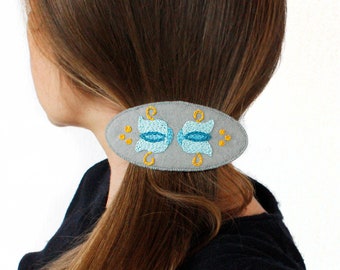 Ukrainian extra large french hair barrette for thick hair Boho hair clip flowers Blue yellow hair clasp for women Embroidered oval clamp