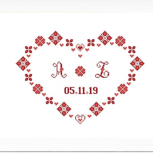 Modèle de point de croix anniversaire personnalisé Echantillonneur de date de mariage point de croix Initiales de couple personnalisables Monogramme moderne coeur compté