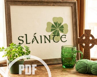 Padrão de ponto cruz "Sláinte" com trevo, moderno, para o Dia de São Patrício, escocês, irlandês, gaélico, com palavras celtas, gráfico fácil.
