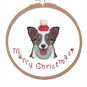 Christmas Australian shepherd cross stitch pattern counted Xmas dog ornament in Santa hat xstitch chart easy modern designfo Aussi cards