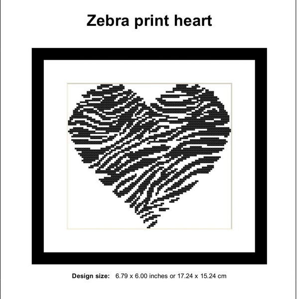 Zebra cross stitch pattern Simple cross stitch modern Black white cross stitch heart Xstitch Easy one color cross stitch PDF download count