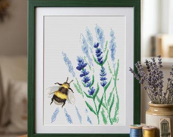 Lavender cross stitch pattern Modern wild flower and bee cross stitch Floral cross stitch Watercolor Bumble bee cross stitch counted pdf