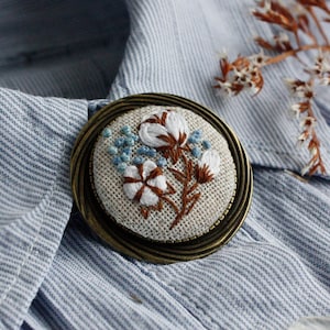 Handmade cotton flower brooch 2nd anniversary gift for wife Brown blue white cotton boll brooch Linen Ukraine jewelry Round floral pin