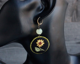 Ukrainian earrings Boho sunflower earrings dangle Handmade onyx beaded earrings Large circle cottagecore earrings Ukraine seller