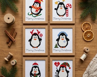 Patrón de punto de cruz de adornos navideños de mini pingüinos en PDF. Punto de cruz moderno contado, sencillo. Tarjetas navideñas de invierno. Punto de cruz pequeño.