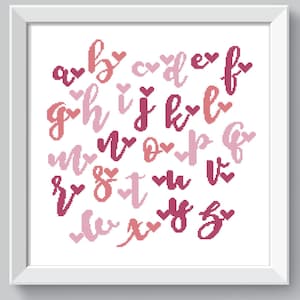 Heart alphabet cross stitch pattern Valentine calligraphy font cross stitch letters sampler PDF Cute Handwriting ABC cursive script chart