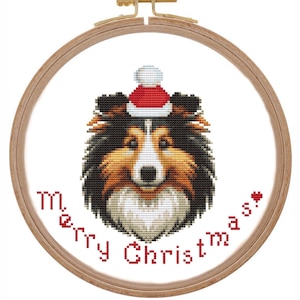 Kerst Shetland Sheepdog of Rough collie kruissteek patronen ornament hond geteld xstitch grafiek in kerstmuts kaarten realistische aquarel