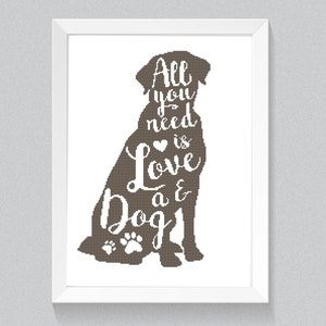 All you need is love cross stitch pattern Simple modern count cross stitch chart Dog silhouette Xstitch Easy one color pattern PDF download image 1