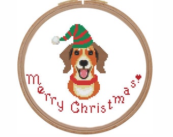 Beagle cross stitch Christmas cross stitch pattern PDF Santa hat dog cross stitch modern Merry Christmas cross stitch counted beginner easy