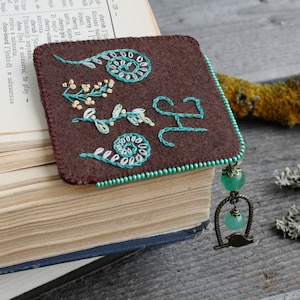 Dark academia bookmark with charm Handmade corner bookmark Bookish gift for botanist Woodland hand embroidered book mark with gemstones