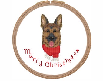 German Shepherd  cross stitch pattern Christmas cross stitch pattern PDF Modern Dog cross stitch Festive dog portrait cross stitch