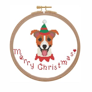 Christmas Jack russell ornament cross stitch pattern counted PDF Modern cross stitch dog face in santa hat simple beginner