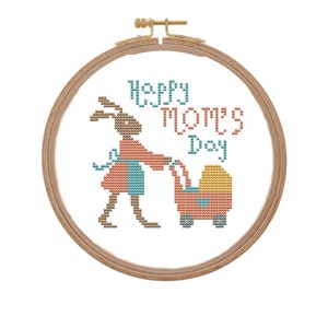 Novo padrão de ponto cruz para mãe moderno Feliz dia das mães cartão xstitch Coelhinha mãe com berço de bebê gráfico contado fácil simples pequeno