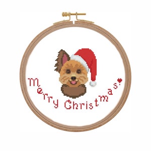 Klein kerstkruissteekpatroon PDF Modern kruissteekpatroon hond eenvoudig vrolijk kerstornamentpatroon Yorkshire terrier-kaart