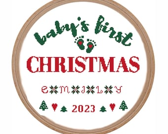 Baby's first Christmas cross stitch pattern Modern customizable baby name and date ornament personalized Xstitch Small cross stitch counted