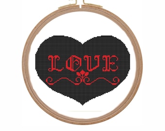 Love cross stitch pattern modern Goth heart and arrow cross stitch Valentine cross stitch pattern monochrome Calligraphy cross stitch pdf