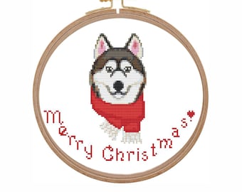 Small Christmas cross stitch pattern dog Greeting card Xstitch Husky cross stitch pattern beginners PDF download Dog portrait cross stitch