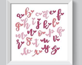 Heart alphabet cross stitch pattern Valentine calligraphy font cross stitch alphabet sampler PDF Cute Handwriting ABC cursive script  chart