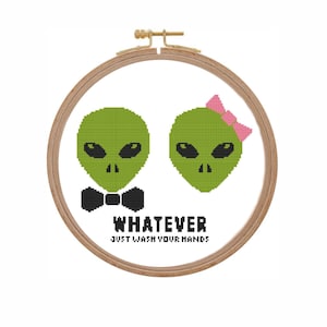 Patrón de punto de cruz para baño divertido Letrero de baño de punto de cruz de nerd irónico contado Lávate las manos en punto de cruz divertido extraterrestre ovni fácil moderno