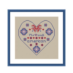 Patiotic cross stitch pattern counted 4th of July primitive quaker sampler cross stitch heart modern Memorial day ornament chart