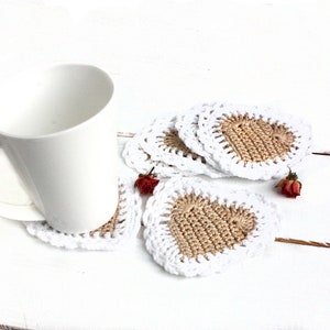 Valentine coasters beige and white Farmhouse heart coasters Small heart doilies for kitchen 4 inch mini doilies for cups Cotton beverage