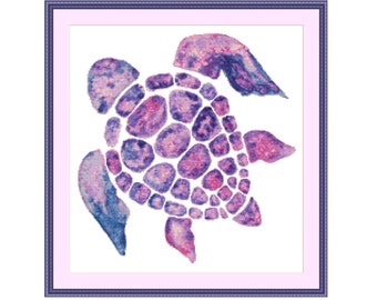 Patrón punto de cruz tortuga marina Criatura oceánica moderna Gráfico Xstitch Acuarela punto de cruz náutico Abstracto púrpura rosa Universo PDF