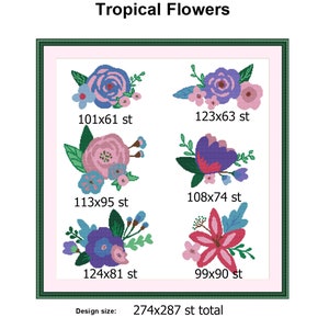 Bundle Tropical small flower cross stitch pattern modern Simple pink purple floral counted Xstitch pattern beginners PDF easy for cards