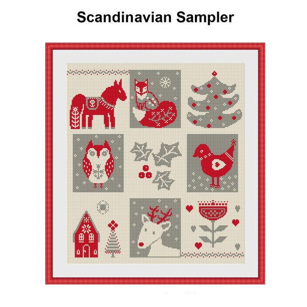 Nordic Christmas cross stitch pattern modern Folk Scandinavian cross stitch pattern primitive sampler Xstich chart PDF easy Fox owl deer