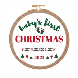 Baby's first Christmas cross stitch pattern Modern customizable baby name and date handwriting sign Xstitch Small cross stitch PDF download