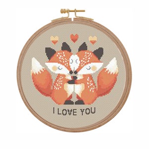 Saint Valentin motif point de croix moderne je t'aime point de croix scandinave câlin renards point de croix carte Saint Valentin ornement bois