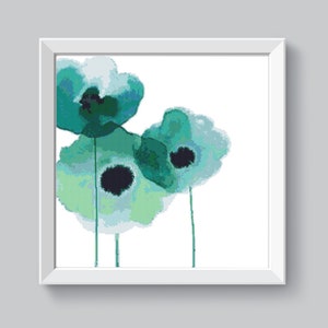 Blue poppies cross stitch pattern Modern still life Xstitch chart Watercolor wild flower cross stitch Abstract teal mint PDF download