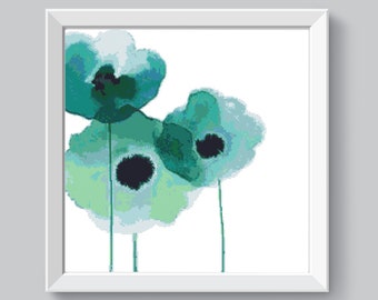 Blue poppies cross stitch pattern Modern still life Xstitch chart Watercolor wild flower cross stitch Abstract teal mint PDF download