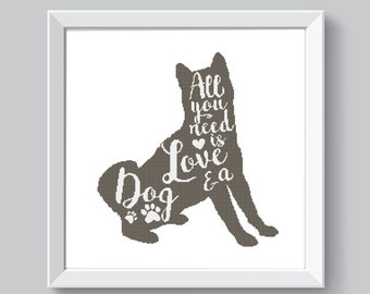 Husky dog cross stitch pattern PDF All you need is love cross stitch pattern saying Simple modern count cross stitch chart One color pattern