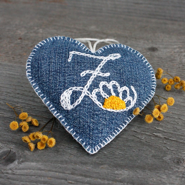 Lavender sachet personalized pincushion Monogrammed sachet hanging Denim ornaments Scented heart sachet initials Grandma Valentine gift