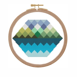 Kreuzstich Anleitung Berge und Wasser Landschaft Modernes Kreuzstichmuster in blau grün abstrakt einfach PDF Stickmuster Häkelanleitung Quilt Patchwork