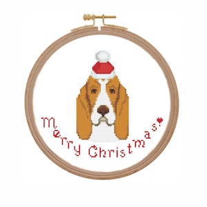 Christmas Basset hound cross stitch pattern easy Simple small xstitch chart dog in Santa hat Christmas ornament cross stich modern counted